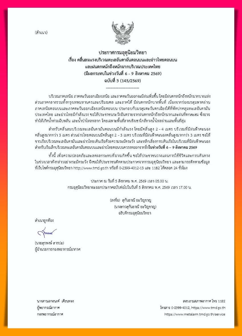 เตือนฉบับ 3! ร่องมรสุมพาดผ่าน 6-9 ส.ค.ฝนตกหนักมาก-คลื่นลมแรง