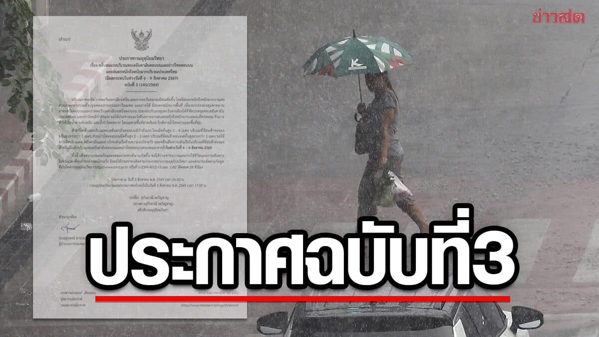 กรมอุตุฯ ประกาศฉบับที่ 3 เตือน ฝนตกหนักถึงหนักมาก น้ำท่วมฉับพลัน