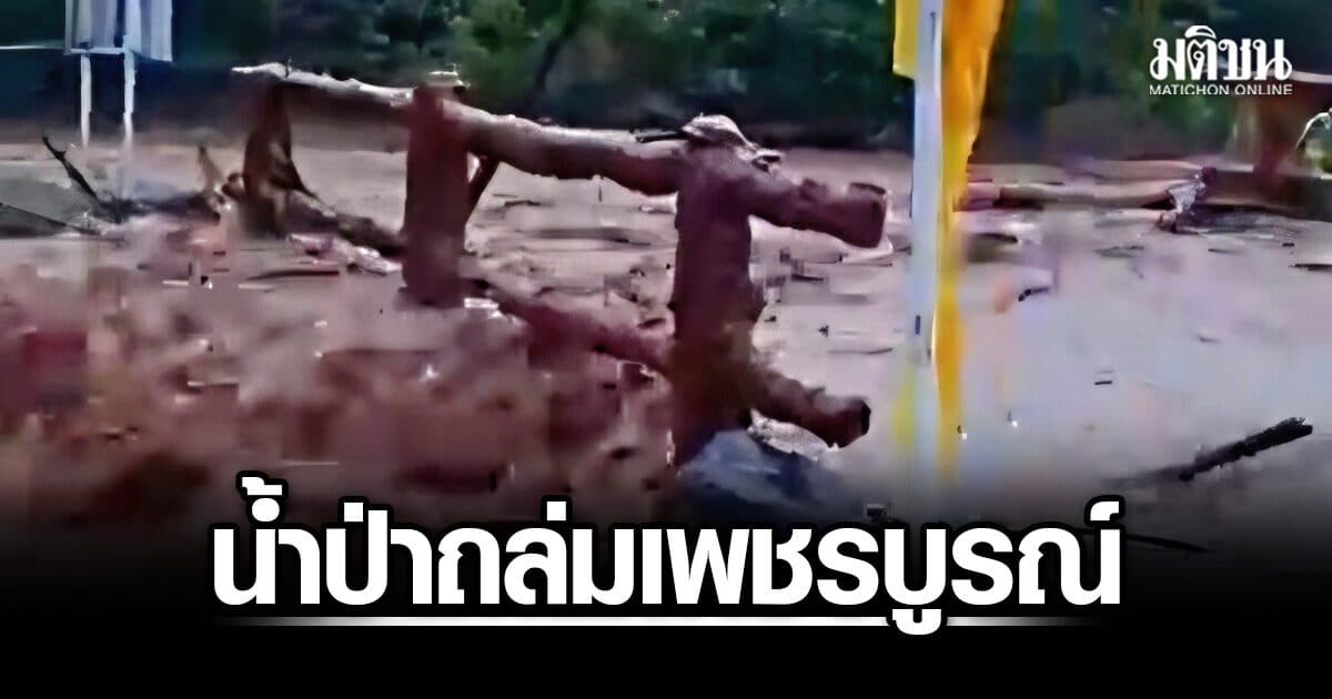 น้ำป่าถล่มเพชรบูรณ์ ซัดซุง-ต้นไม้ปิดทางเข้าวัด ปภ.ส่งCell Broadcast เตือนปชช. ยกของขึ้นที่สูง
