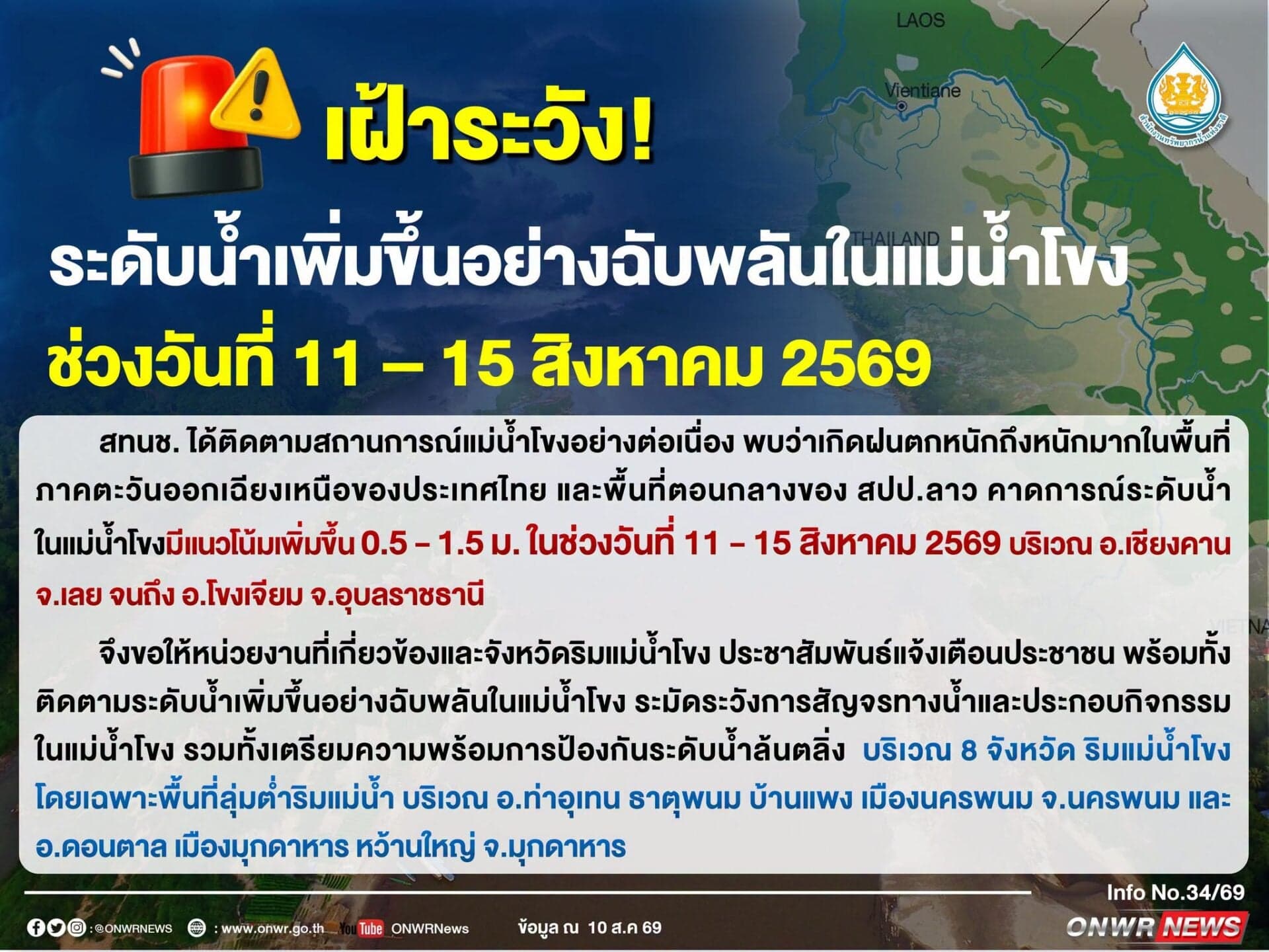สทนช.เตือนเฝ้าระวังน้ำโขงล้นตลิ่ง