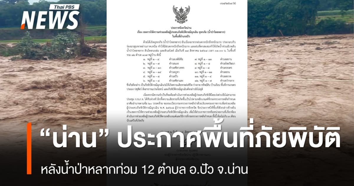 จ.น่าน ประกาศพื้นที่ภัยพิบัติ หลังน้ำป่าหลากท่วม อ.ปัว กระทบ 12 ตำบล 107 หมู่บ้าน