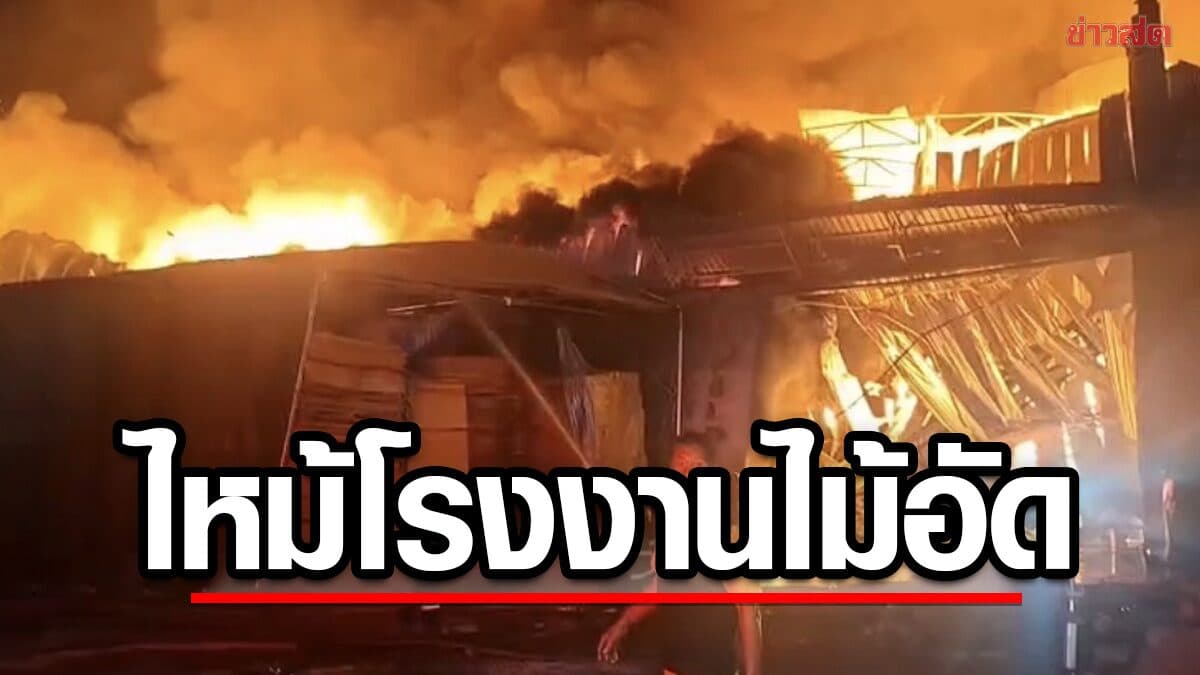ระทึก ไฟไหม้โรงงานไม้อัด ชลบุรี แสงเพลิงลุกโชน ควันดำพวยพุ่ง