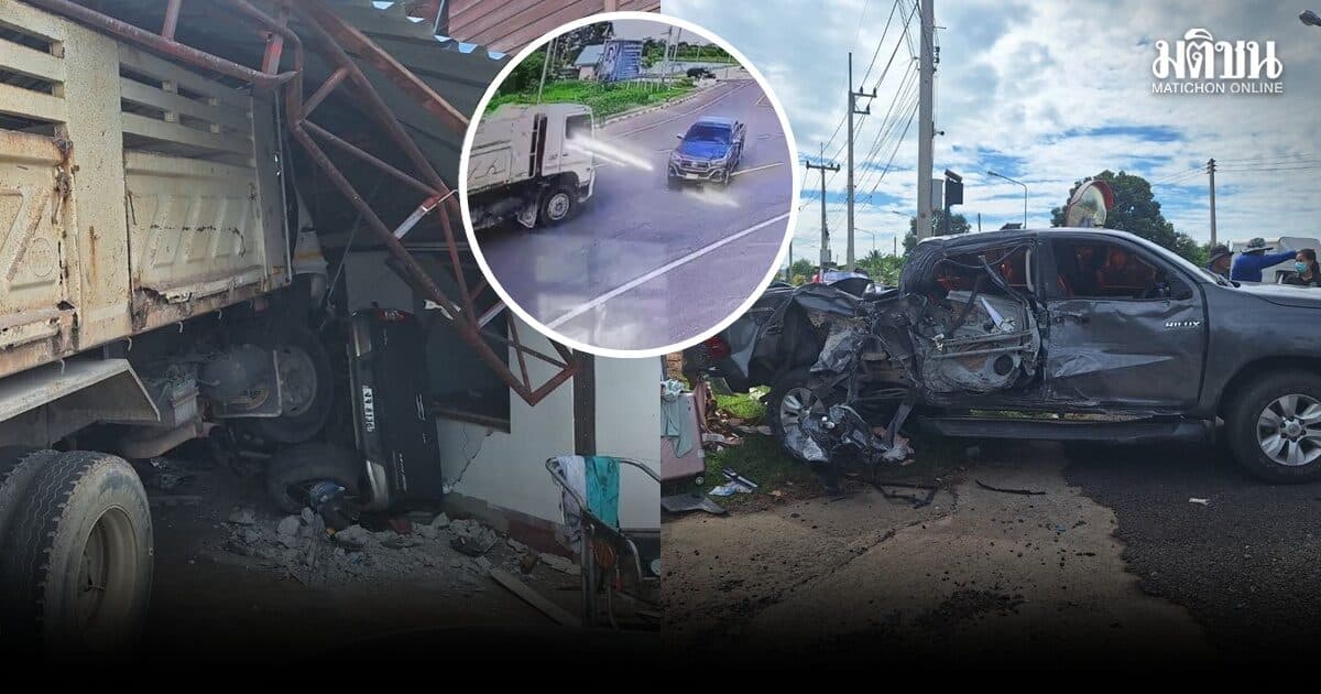 เปิดคลิประทึก! กระบะตัดหน้าพ่วง 22 ล้อกลางสามแยก พุ่งชนบ้าน-รถพังยับ เจ็บ 3