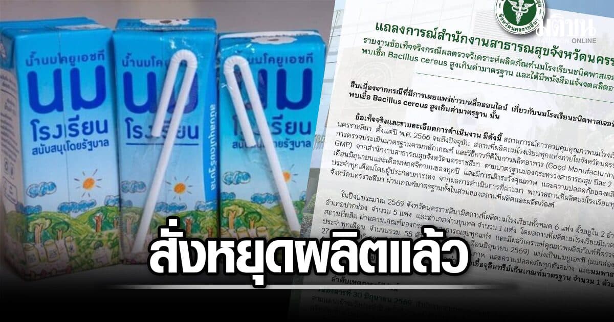 สสจ.โคราช ร่อนแถลง ปมนมโรงเรียน พบเชื้อเกินมาตรฐาน 34 เท่า สั่งหยุดผลิตแล้ว