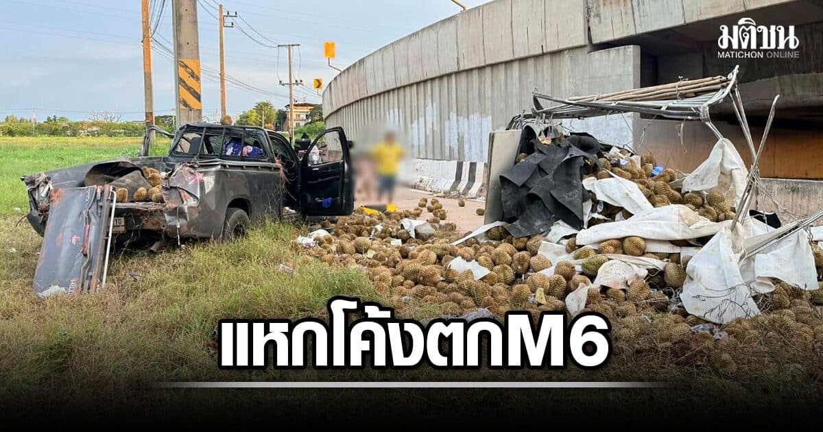 ระทึก กระบะขนทุเรียน คาดบรรทุกหนักเกิน แหกโค้งตกทางต่างระดับ M6 หวิดดับยกครัว